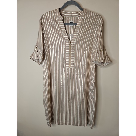 Anne Klein Dresses & Skirts - Anne Klein Dress 12 Gold Metallic Striped Viscose Coastal Beach Zip Coverup